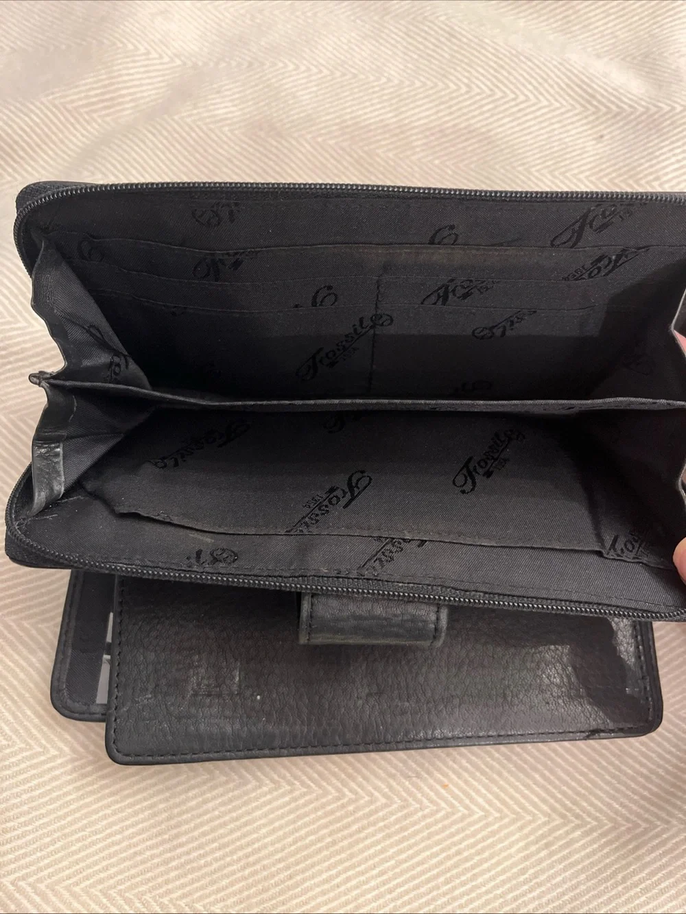 Vintage Fossil Bifold Black Checkbook Wallet Clutch w/Zip Around Pocket 7.5 In